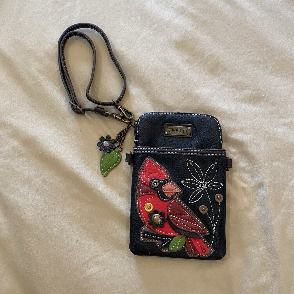 Chala Crossbody Wristlet, Handbag Cardinal Bird Flowers Black Red‎ Faux Leather